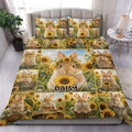Rabbit duvet cover bedding set displayed on a bed with sunflower-filled collage artwork
