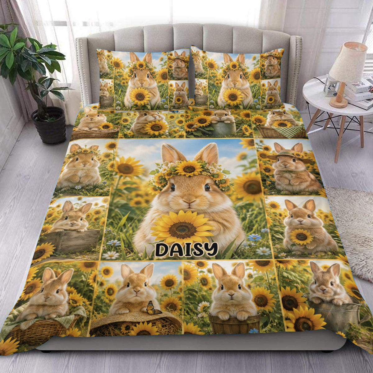 Rabbit duvet cover bedding set displayed on a bed with sunflower-filled collage artwork