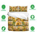 Rabbit duvet cover bedding set with sunflower artwork shown with soft breathable fabric and care icons