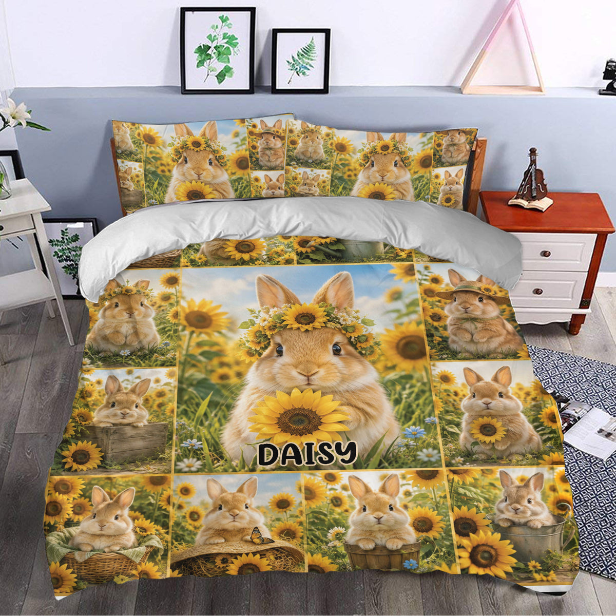 Sunflower rabbit duvet cover styled in a bright bedroom with matching printed pillowcases