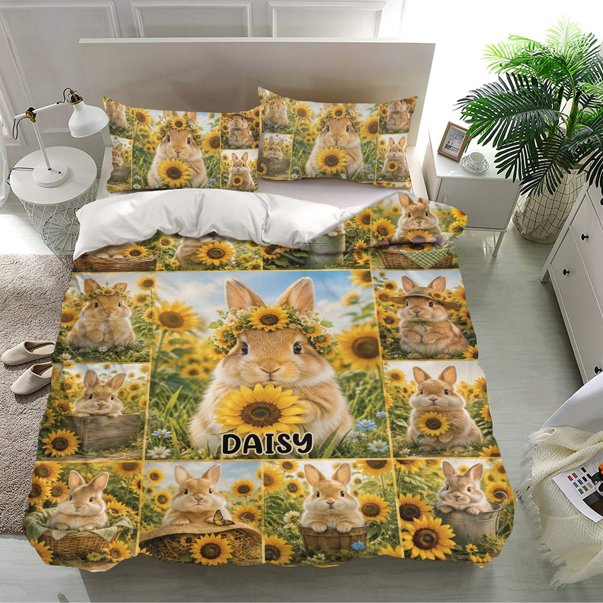 Rabbit duvet cover bedding set in a modern bedroom with sunflower scenes and matching pillowcases