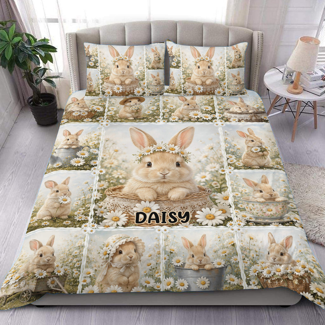 Rabbit duvet cover set displayed on a bed with floral scenes, baskets, teacups, and soft cottagecore colors