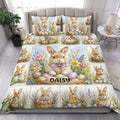 Rabbit duvet cover set displayed on a bed with floral artwork, Easter eggs, baskets, and pastel colors
