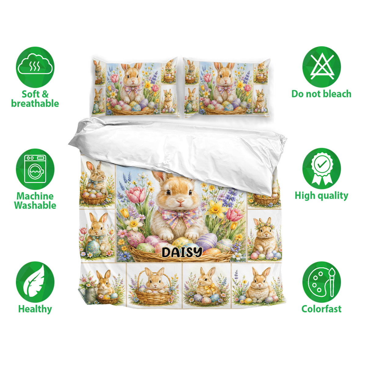 Rabbit Easter duvet cover bedding set with matching pillowcases, floral scenes, and soft pastel artwork