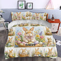 Rabbit duvet cover set styled in a bedroom with a large floral rabbit scene and Easter egg artwork