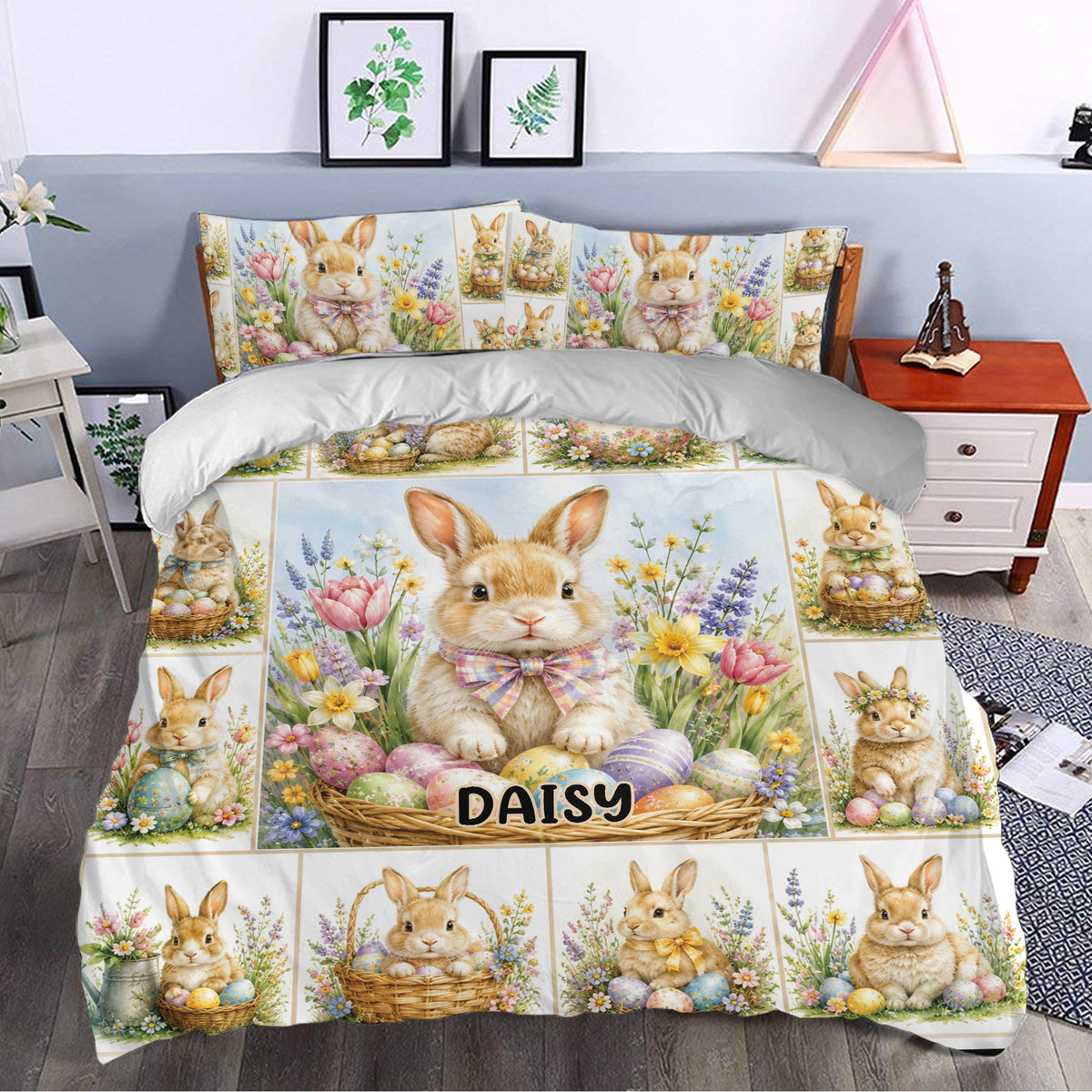 Rabbit duvet cover set styled in a bedroom with a large floral rabbit scene and Easter egg artwork