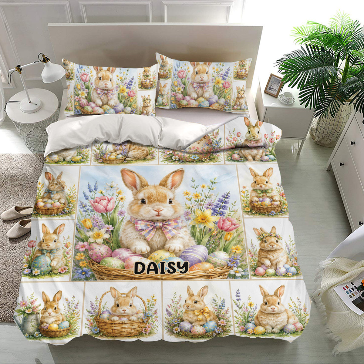 Pastel rabbit bedding set presented in a bright bedroom with floral panels, baskets, and Easter eggs