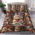 Rabbit duvet cover set displayed on a bed with festive Christmas scenes, Santa hats, ornaments, and red accents