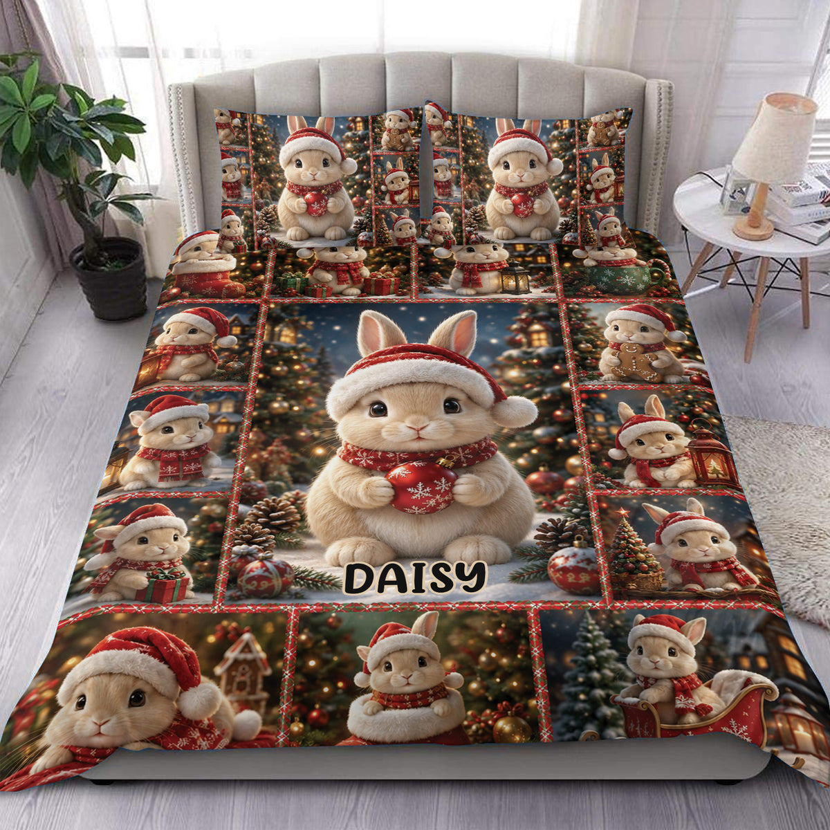 Rabbit duvet cover set displayed on a bed with festive Christmas scenes, Santa hats, ornaments, and red accents