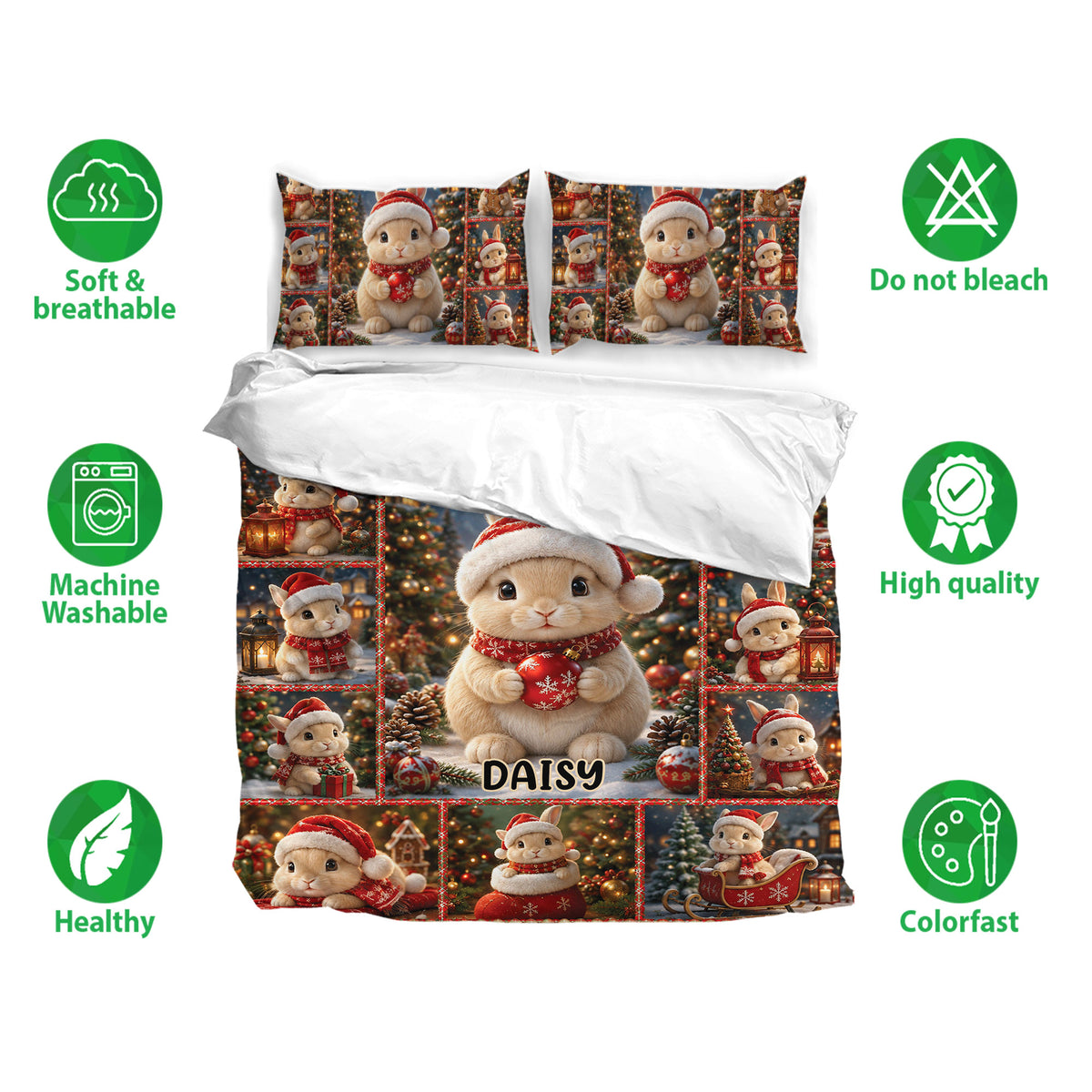 Rabbit Christmas bedding set shown with matching pillowcases and a festive collage of holiday rabbit artwork