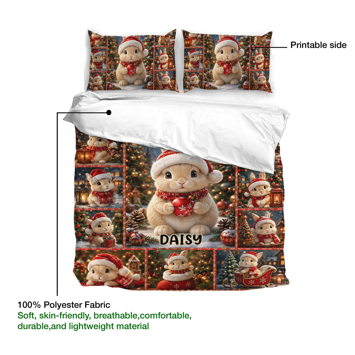 Rabbit duvet cover bedding set detail showing printed artwork, soft fabric labeling, and matching pillowcases