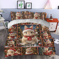 Festive rabbit duvet cover styled in a bedroom with Christmas trees, gifts, lanterns, and cozy holiday artwork