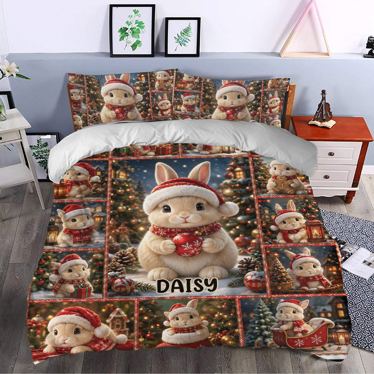 Festive rabbit duvet cover styled in a bedroom with Christmas trees, gifts, lanterns, and cozy holiday artwork