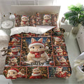 Christmas rabbit bedding set displayed in a bright bedroom with matching pillowcases and colorful holiday scenes