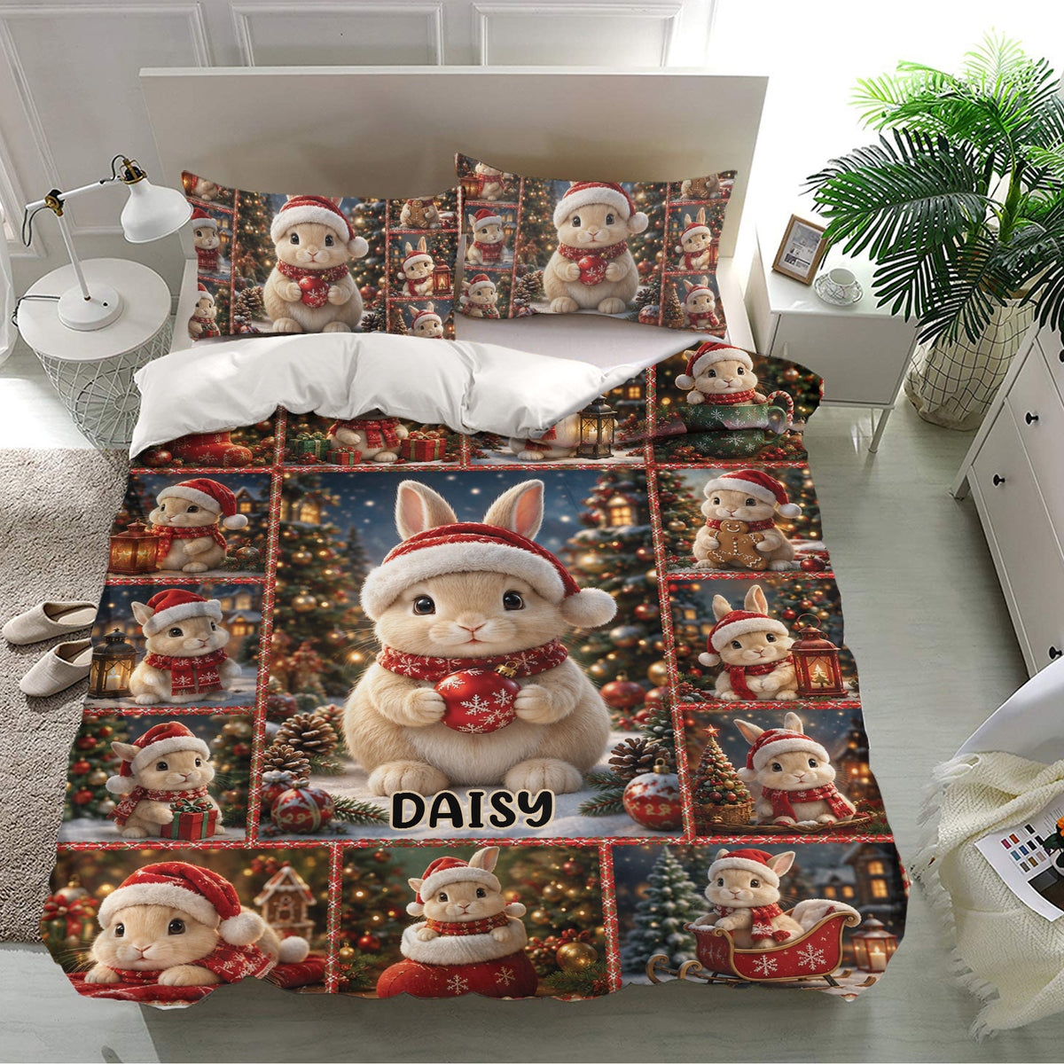 Christmas rabbit bedding set displayed in a bright bedroom with matching pillowcases and colorful holiday scenes