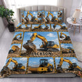 Excavator duvet cover set displayed on a bed with yellow construction equipment artwork