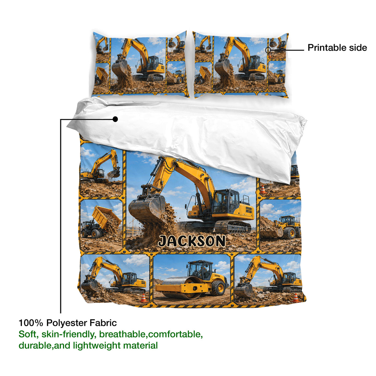 Excavator duvet cover set showing the printable artwork side and lightweight polyester fabric