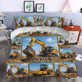 Excavator duvet cover styled in a bedroom with bold yellow machinery and construction scenes