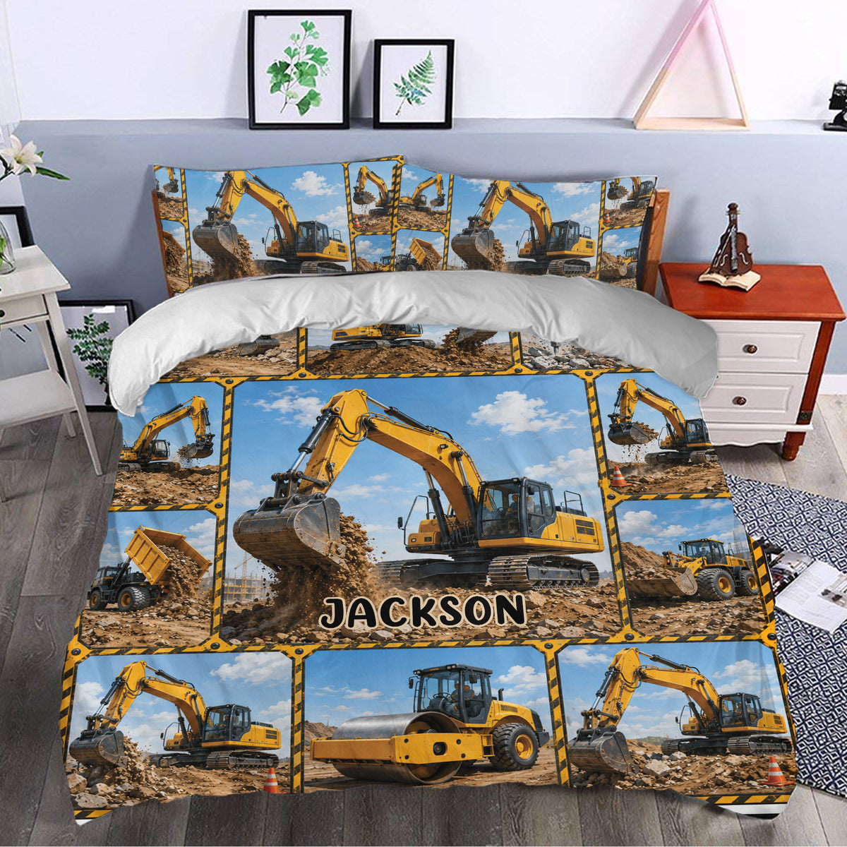 Excavator duvet cover styled in a bedroom with bold yellow machinery and construction scenes