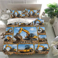 Construction-themed excavator bedding set presented in a bright modern bedroom
