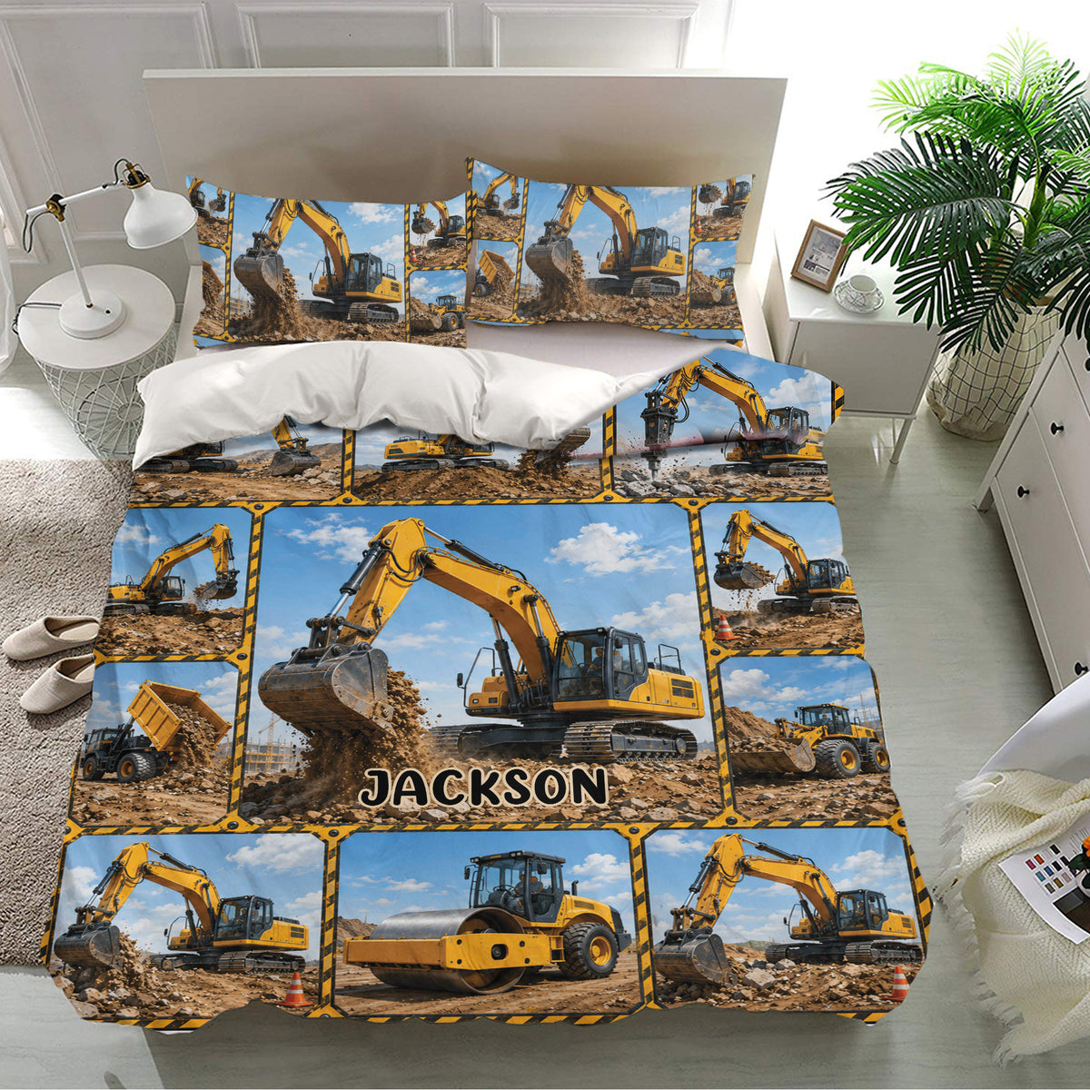 Construction-themed excavator bedding set presented in a bright modern bedroom