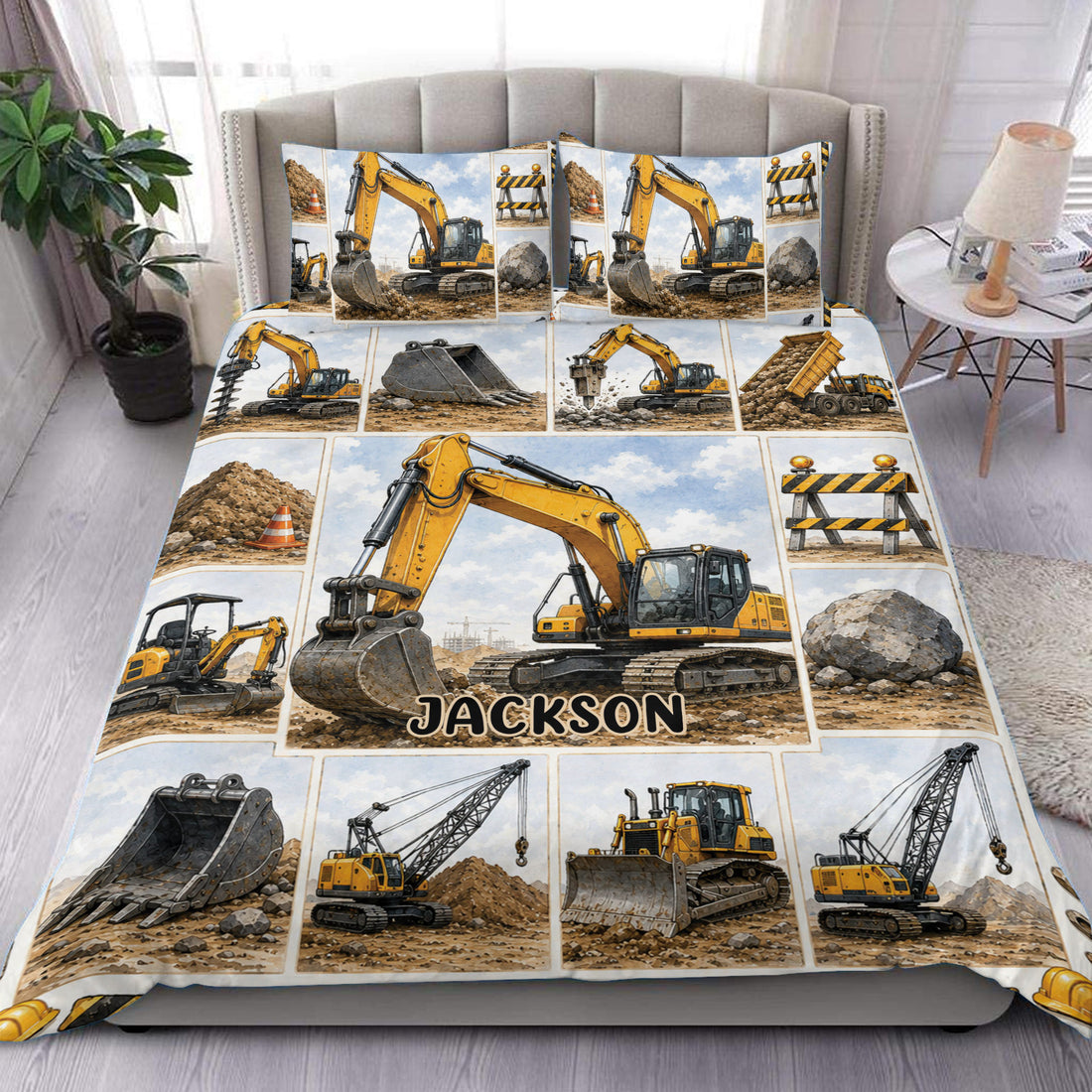 Excavator duvet cover set displayed on a bed with yellow construction machines, rocks, cones, and road barriers