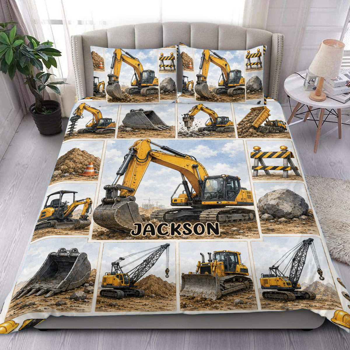 Excavator duvet cover set displayed on a bed with yellow construction machines, rocks, cones, and road barriers