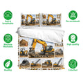 Excavator bedding set with matching pillowcases shown alongside soft breathable, washable, and colorfast feature icons