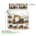 Excavator duvet cover and pillowcases shown with printable side and soft lightweight polyester fabric details