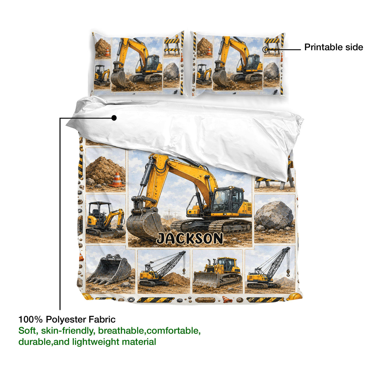Excavator duvet cover and pillowcases shown with printable side and soft lightweight polyester fabric details