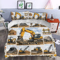 Excavator duvet cover set styled in a bedroom with detailed yellow machinery, construction scenes, and bold artwork