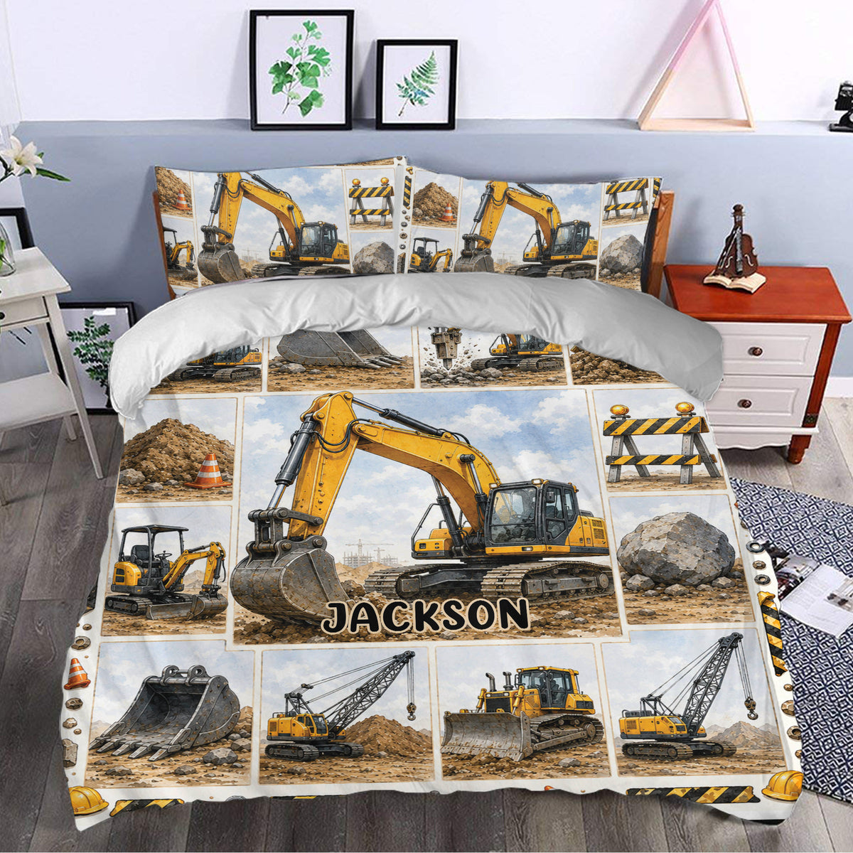 Excavator duvet cover set styled in a bedroom with detailed yellow machinery, construction scenes, and bold artwork