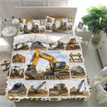 Excavator bedding set displayed in a bright bedroom with construction vehicle artwork and matching pillowcases