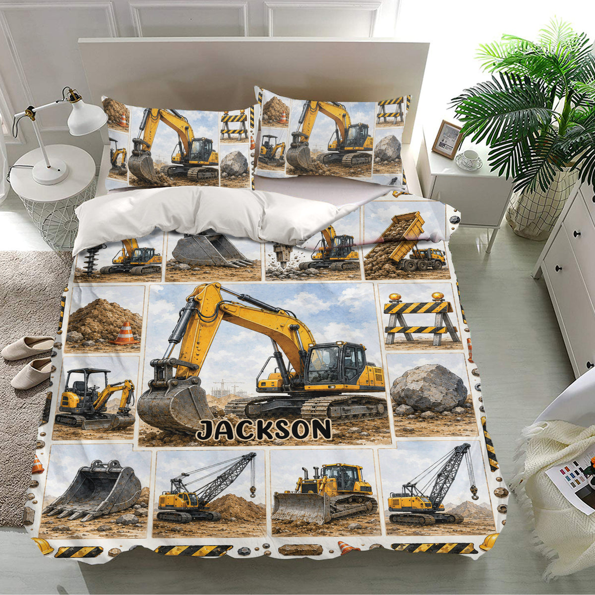 Excavator bedding set displayed in a bright bedroom with construction vehicle artwork and matching pillowcases