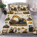 Excavator duvet cover set displayed on a bed with yellow construction machinery and matching printed pillowcases