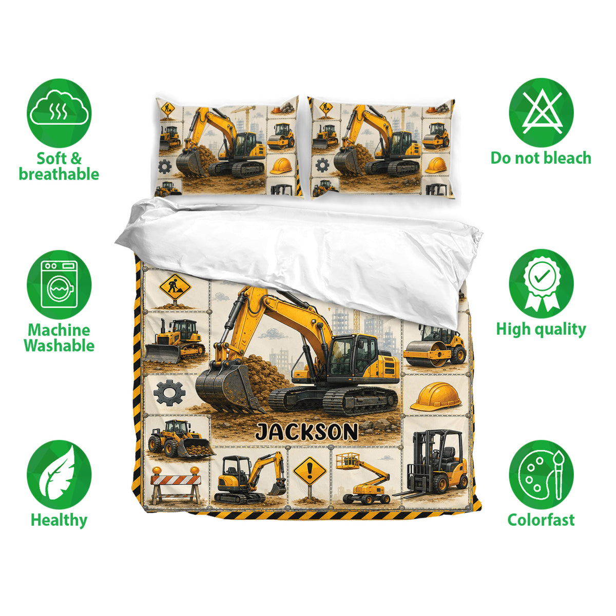 Excavator bedding set shown with matching pillowcases and soft breathable fabric feature icons