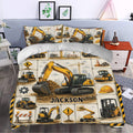 Excavator duvet cover set styled in a bedroom with construction vehicles, safety signs and yellow accents