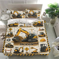 Construction-themed excavator bedding set displayed on a modern bed with matching pillowcases