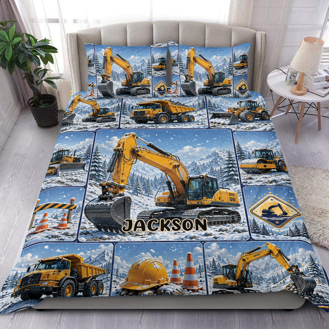 Excavator duvet cover set displayed on a bed with yellow construction machines, snowy mountains, and blue accents