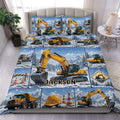 Excavator duvet cover set displayed on a bed with yellow construction machines, snowy mountains, and blue accents