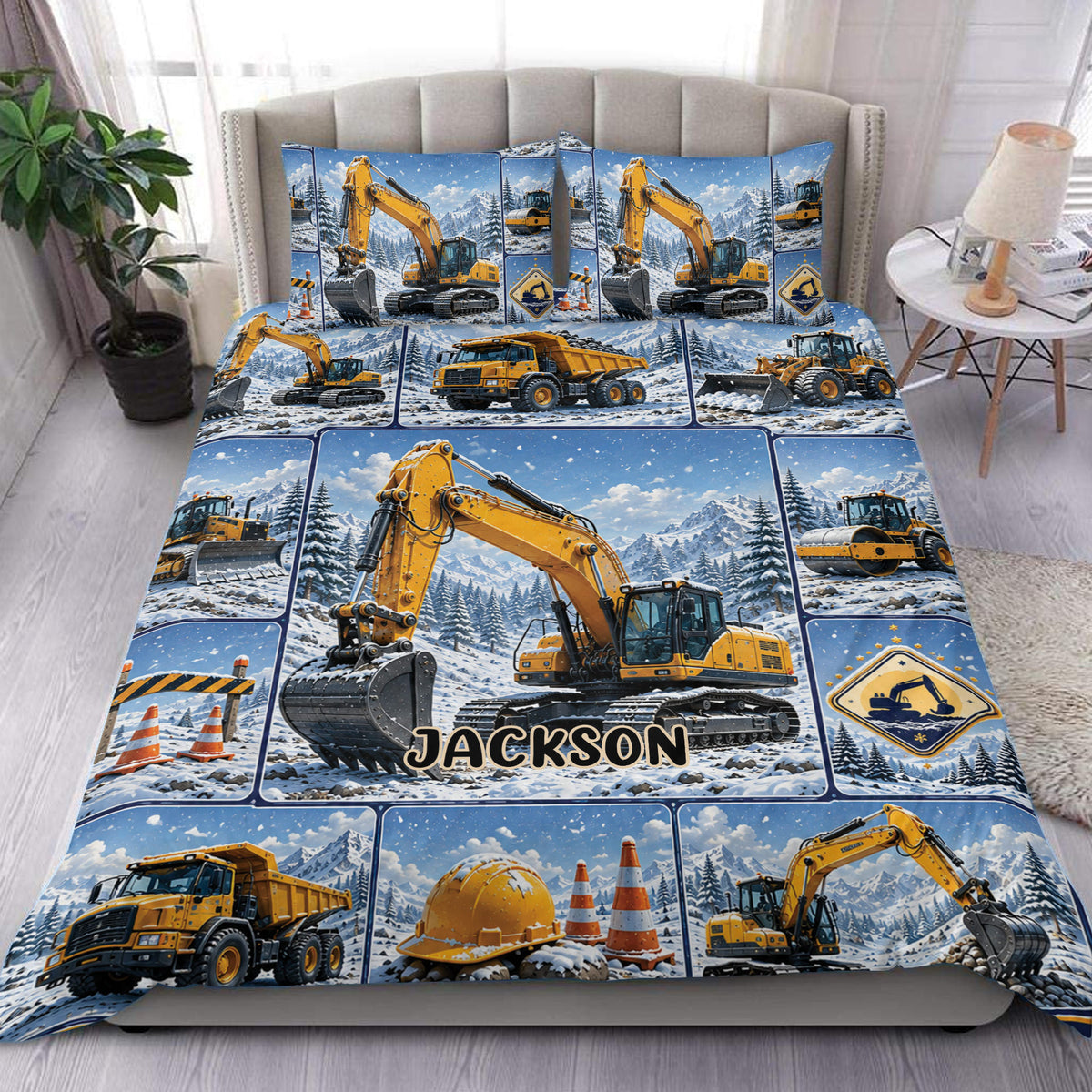 Excavator duvet cover set displayed on a bed with yellow construction machines, snowy mountains, and blue accents