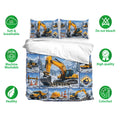 Excavator bedding set shown with matching pillowcases and snowy construction artwork in blue and yellow tones