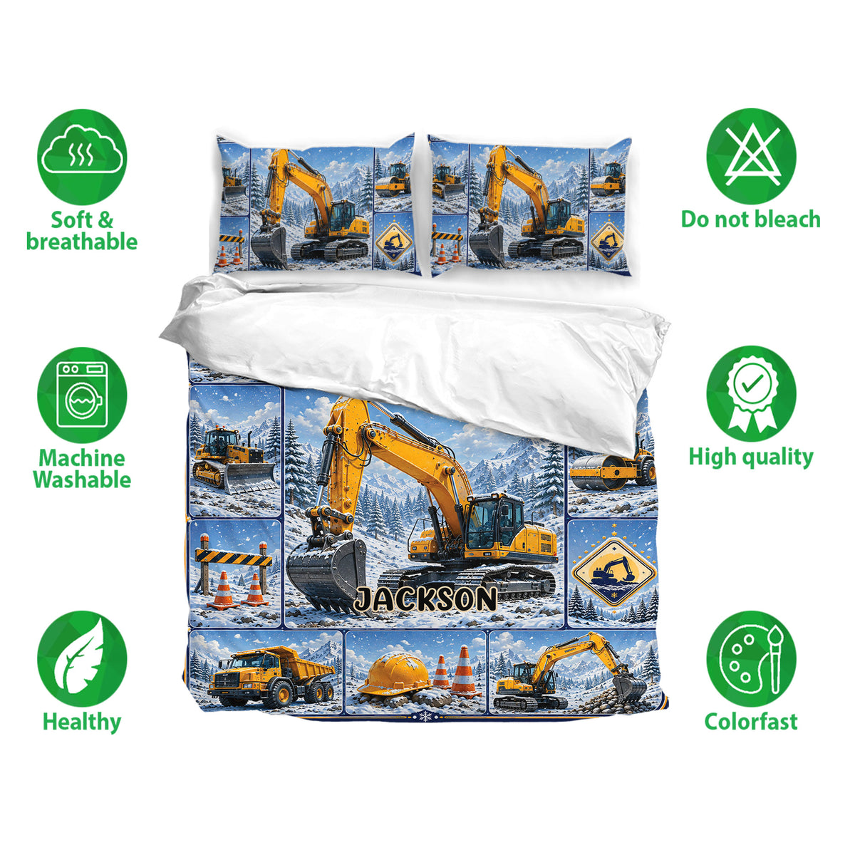 Excavator bedding set shown with matching pillowcases and snowy construction artwork in blue and yellow tones