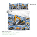 Excavator duvet cover set shown with printable design side, soft white reverse, and snowy equipment artwork