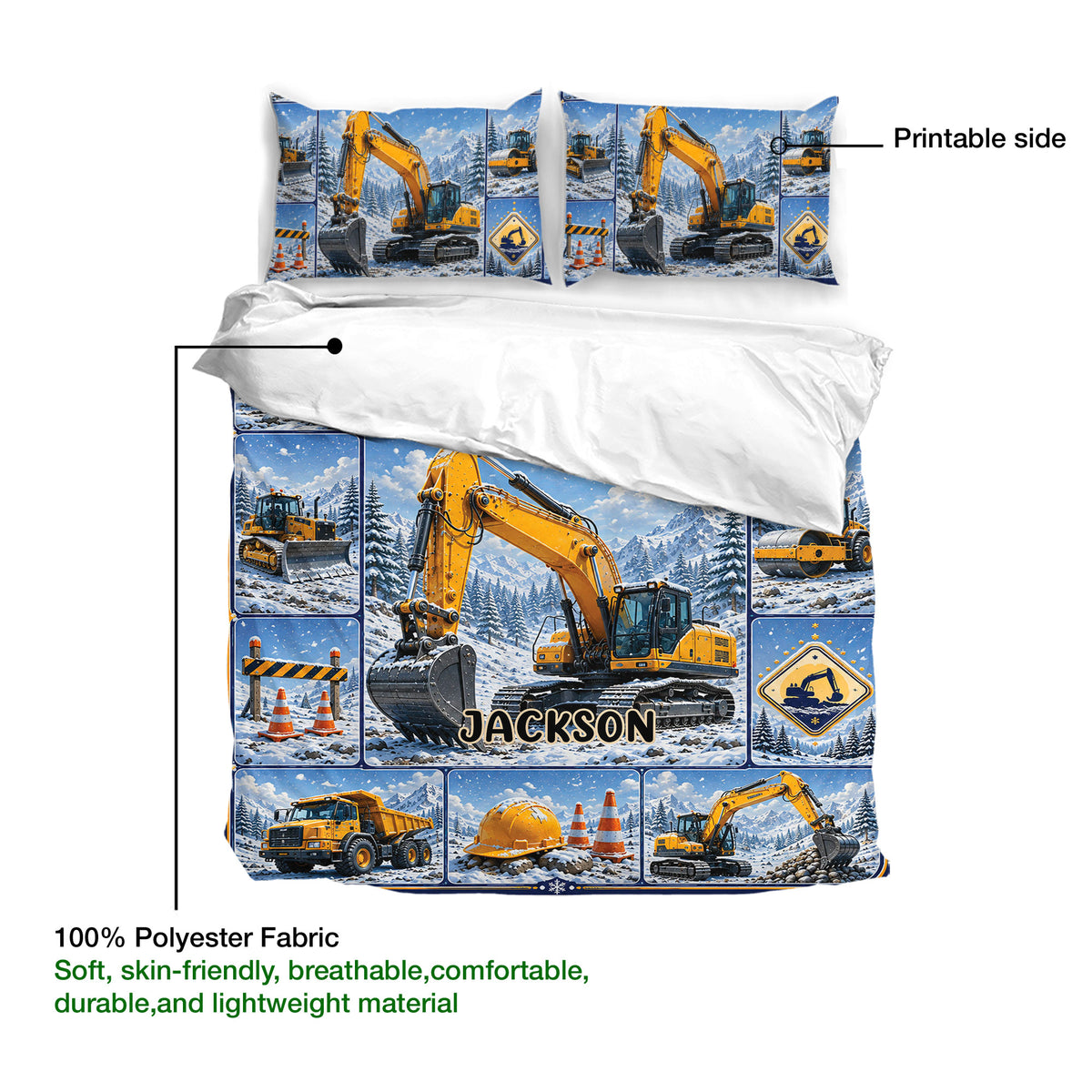 Excavator duvet cover set shown with printable design side, soft white reverse, and snowy equipment artwork