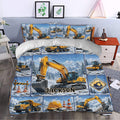 Excavator duvet cover styled in a bedroom with yellow machines, mountain scenery, traffic cones, and snow