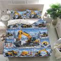 Excavator bedding set presented in a modern bedroom with matching pillows and detailed snowy construction scenes