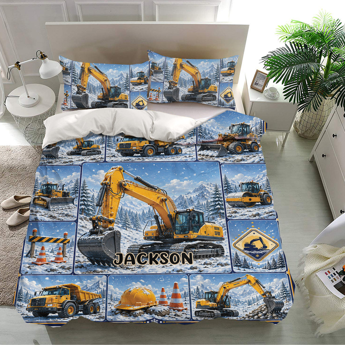 Excavator bedding set presented in a modern bedroom with matching pillows and detailed snowy construction scenes
