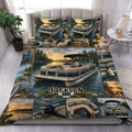 Pontoon duvet cover set displayed on a bed with lake sunset artwork and detailed boating scenes