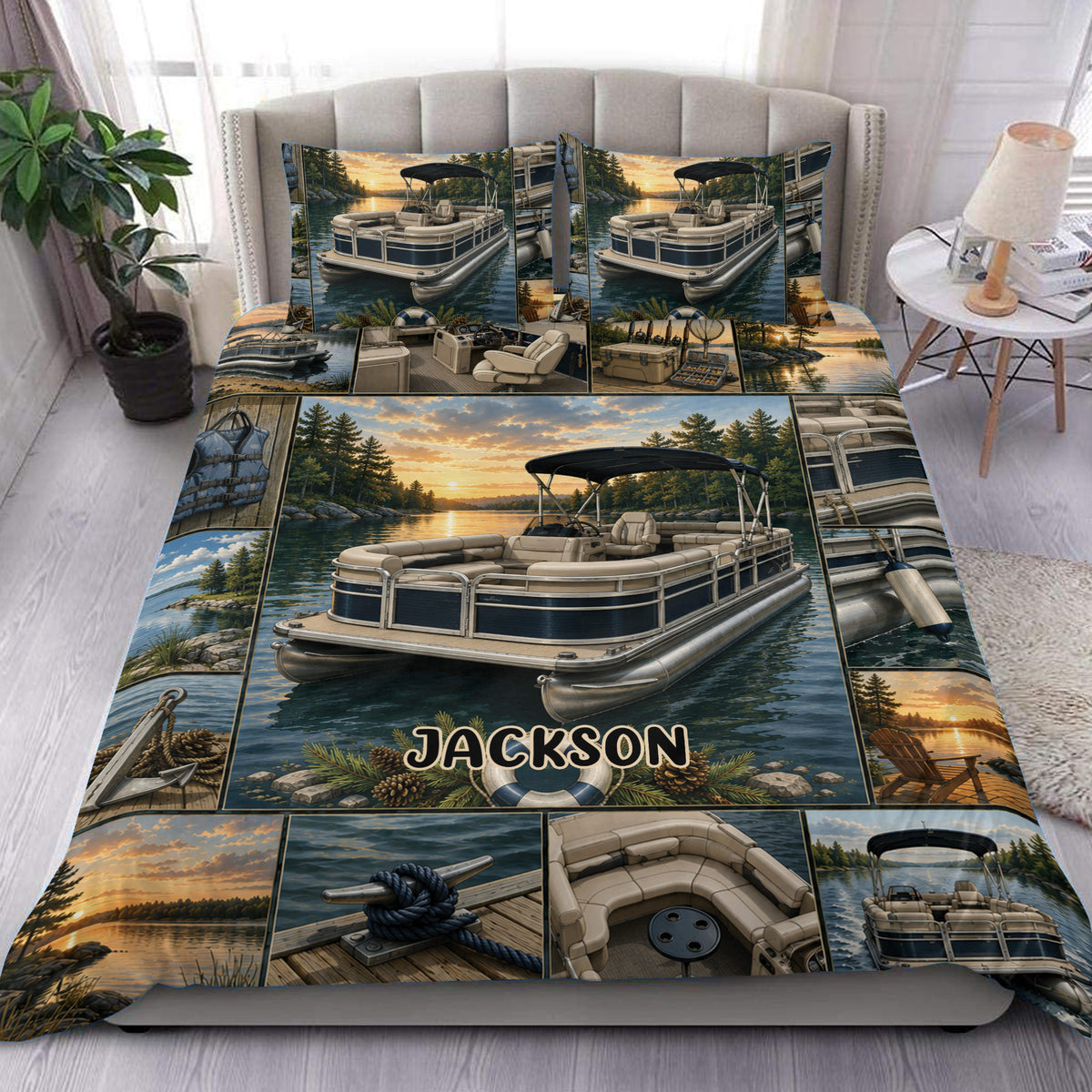 Pontoon duvet cover set displayed on a bed with lake sunset artwork and detailed boating scenes